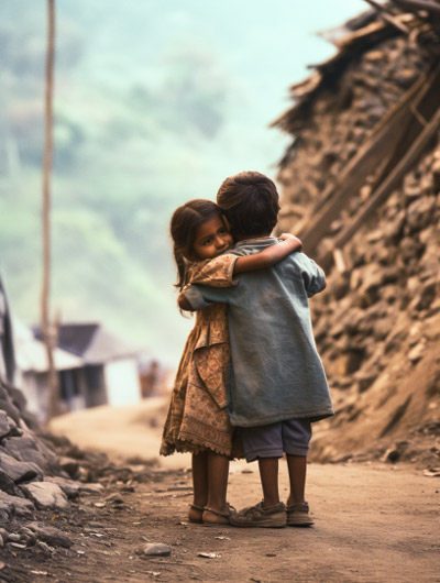 Contact Dawas Ministries page photo. Features an Indian boy and girl hugging on road to mountain village.